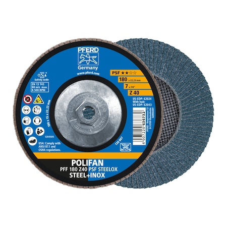 Pferd 7" x 5/8-11 Thd. POLIFAN Flap Disc - Z PSF STEELOX, Zirconia, 40 Grit, Flat 62043